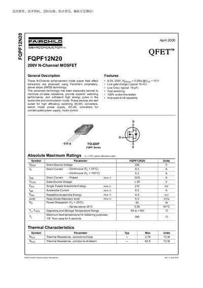 Fairchild FQPF12N20 200V N-Channel MOSFET Datasheet - cover page