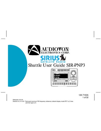 Audiovox SIRIUS Shuttle SIR-PNP3 User Guide - cover page