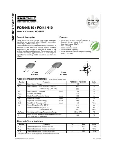 Fairchild Semiconductor FQB44N10/FQI44N10 100V N-Channel MOSFET Datasheet - cover page