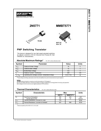 Fairchild 2N5771/MMBT5771 PNP Switching Transistor Datasheet - cover page