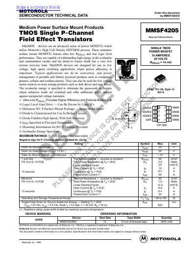 Motorola MMSF4205 Medium Power Surface Mount MOSFET Datasheet - cover page