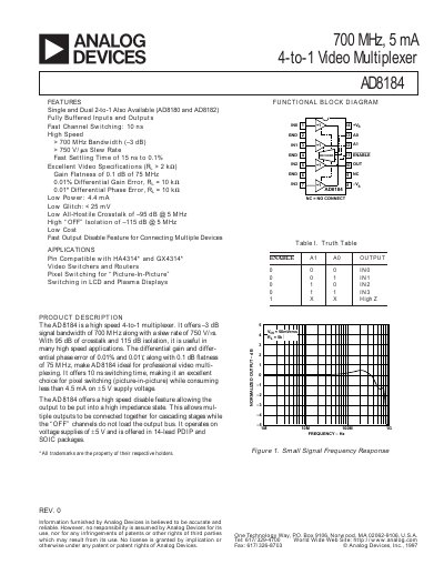 Analog Devices AD8184 Video Multiplexer Datasheet