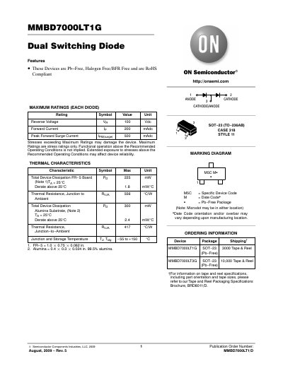 ON Semiconductor MMBD7000LT1G Dual Switching Diode Datasheet - cover page