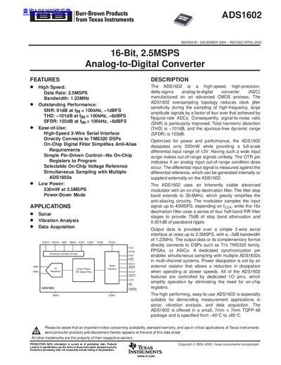 Texas Instruments ADS1602 16-Bit 2.5MSPS Analog-to-Digital Converter Datasheet - cover page