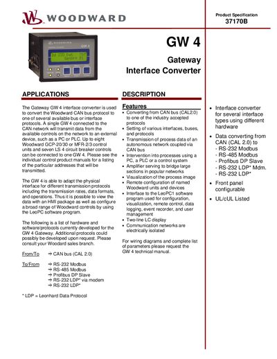 Woodward GW4 Gateway Interface Converter Product Data Sheet - cover page