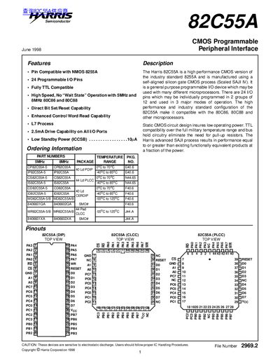 Harris 82C55A CMOS Programmable Peripheral Interface Datasheet - cover page