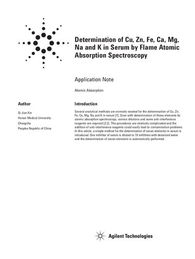 Agilent SpectrAA-40 Application Note for Determination of Cu, Zn, Fe, Ca, Mg, Na, K in Serum - cover page