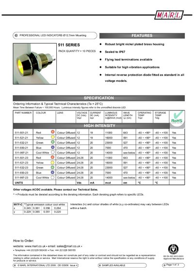 MARL 511 Series Professional LED Indicators Datasheet - cover page
