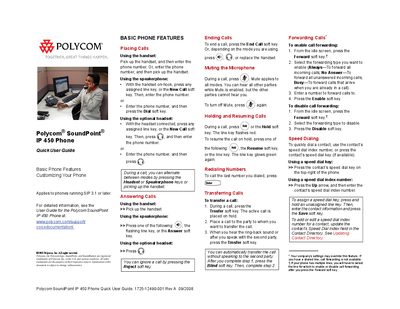 Polycom SoundPoint IP 450 Phone Quick User Guide - cover page