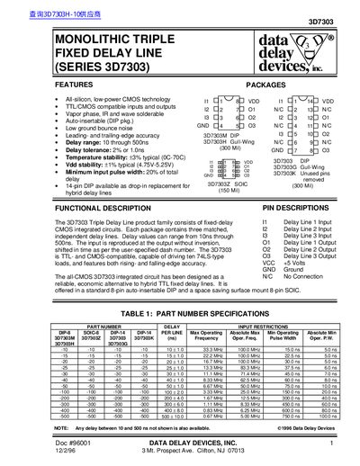 Data Delay Devices 3D7303 Triple Fixed Delay Line Datasheet - cover page