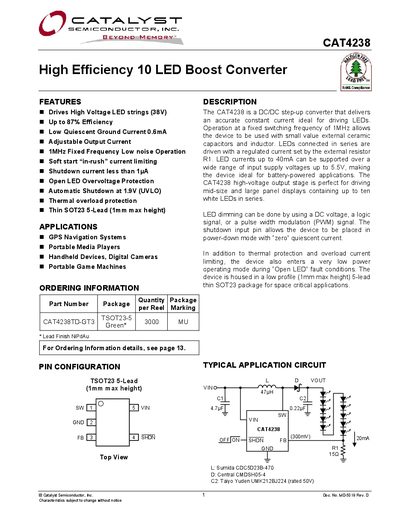 Catalyst CAT4238 High Efficiency 10 LED Boost Converter Datasheet - cover page