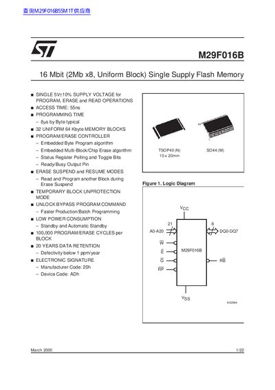 STMicroelectronics M29F016B 16 Mbit Flash Memory Datasheet - cover page
