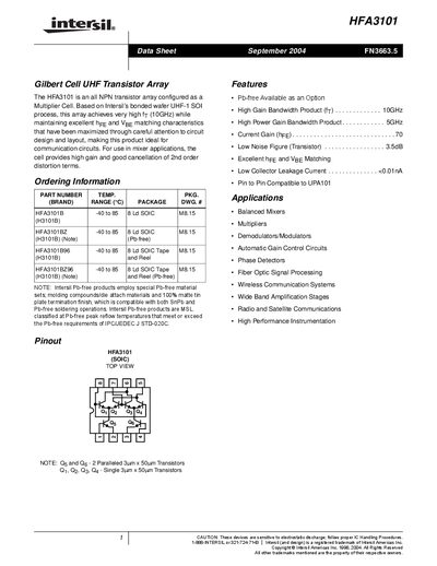 Intersil HFA3101 Gilbert Cell UHF Transistor Array Datasheet - cover page