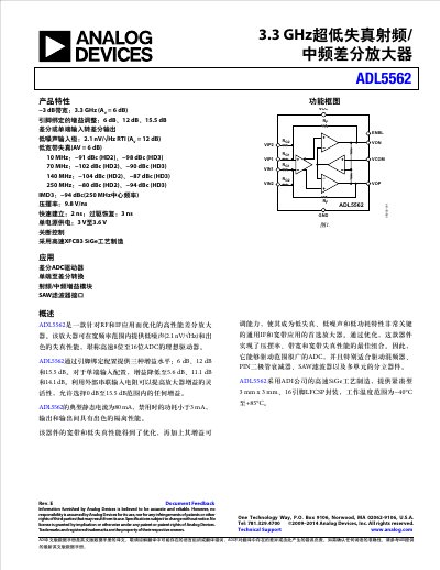 Analog Devices ADL5562 RF/IF Differential Amplifier Datasheet