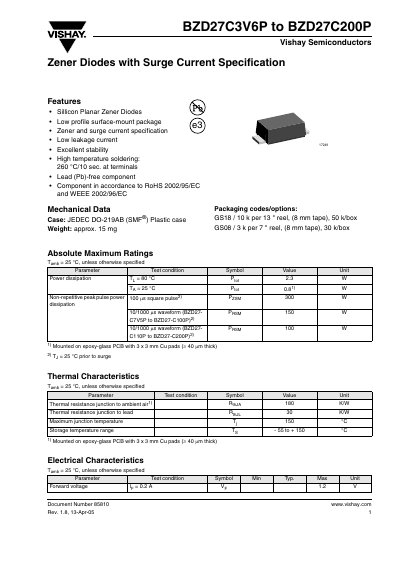 Vishay BZD27C3V6P to BZD27C200P Zener Diodes Datasheet - cover page