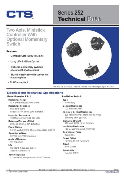 CTS 252 Series Potentiometer Datasheet - cover page