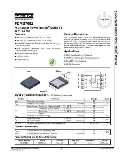 Fairchild Semiconductor FDMS7682 N-Channel MOSFET Datasheet - cover page