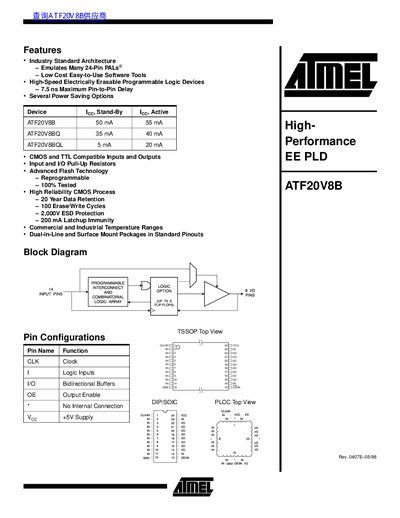 Atmel ATF20V8B High-Performance EE PLD Datasheet - cover page