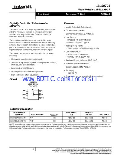 Intersil ISL90726 Digitally Controlled Potentiometer Data Sheet - cover page