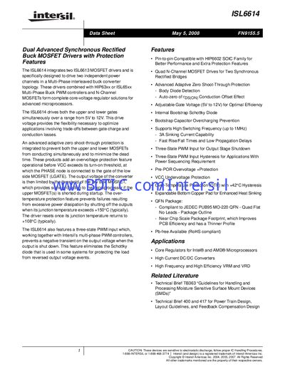 Intersil ISL6614 Dual MOSFET Driver Datasheet - cover page