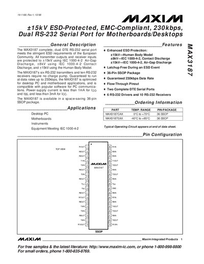 Maxim MAX3187 Dual RS-232 Serial Port Datasheet - cover page