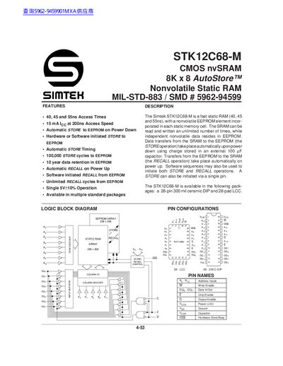 Simtek STK12C68-M CMOS nvSRAM Datasheet - cover page