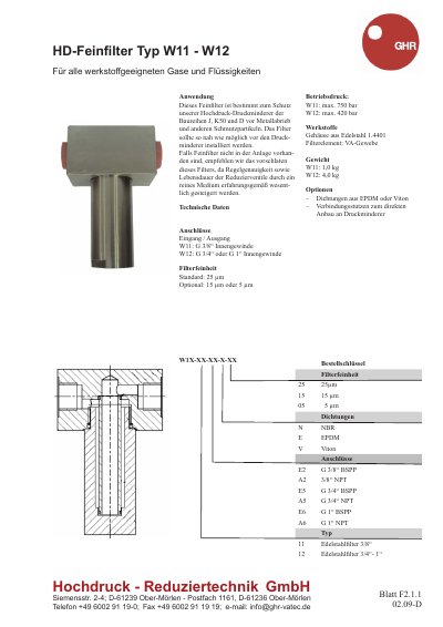 GHR W11-W12 HD-Feinfilter Technical Data Sheet - cover page