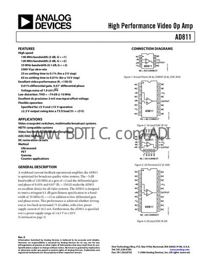 Analog Devices AD811 High‑Performance Video Op Amp Datasheet - cover page