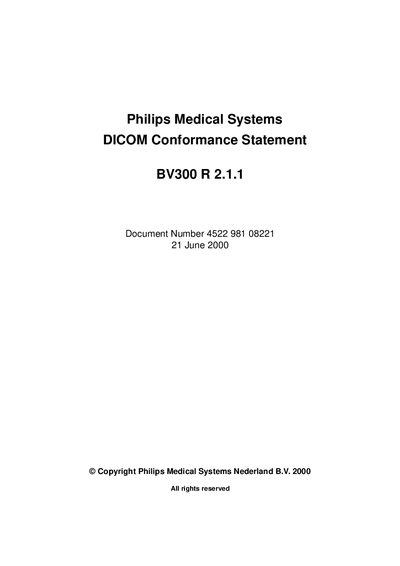 Philips BV300 R 2.1.1 DICOM Conformance Statement - cover page