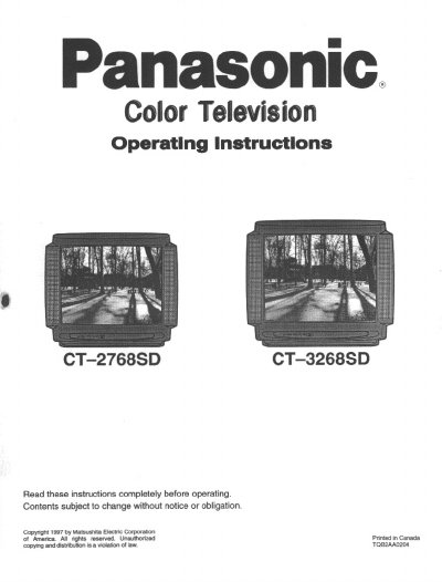 Panasonic CT-2768SD/CT-3268SD Color Television Operating Instructions