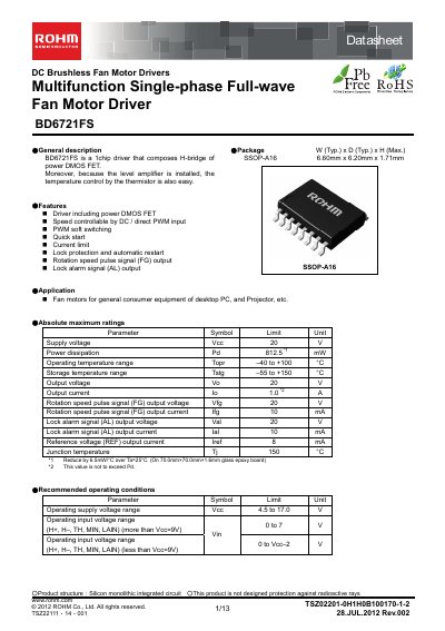 ROHM BD6721FS DC Brushless Fan Motor Driver Datasheet - cover page