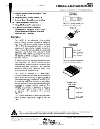 Texas Instruments LM317 Adjustable Regulator Datasheet - cover page
