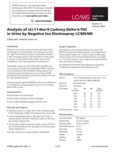 Agilent Analysis of (&plusmn;)-11-Nor-9-Carboxy-Delta-9-THC in Urine by Negative Ion Electrospray LC/MS/MS Application Note - cover page
