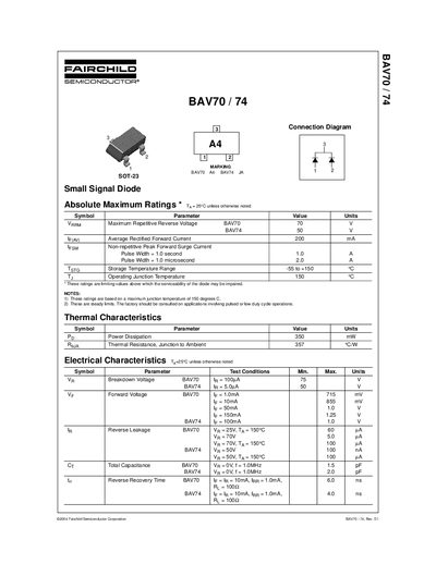 Fairchild BAV70/BAV74 Datasheet - cover page