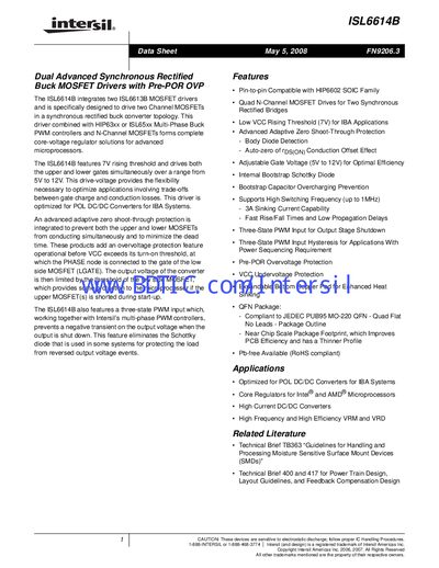 Intersil ISL6614B Dual Advanced Synchronous Rectified Buck MOSFET Driver Datasheet - cover page