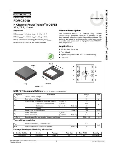 Fairchild FDMC8010 N-Channel PowerTrench MOSFET Datasheet - cover page