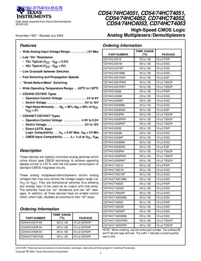 TEXAS INSTRUMENTS CD54/74HC4051 CD54/74HCT4051 CD54/74HC4052 CD74HCT4052 CD54/74HC4053 CD74HCT4053 Data Sheet