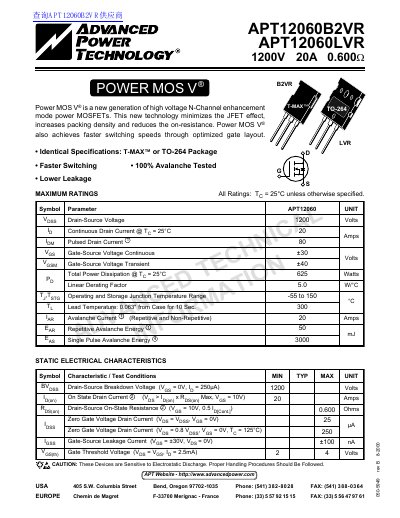 ADVANCED POWER TECHNOLOGY APT12060B2VR APT12060LVR 1200V 20A 0.600 handbook - cover page
