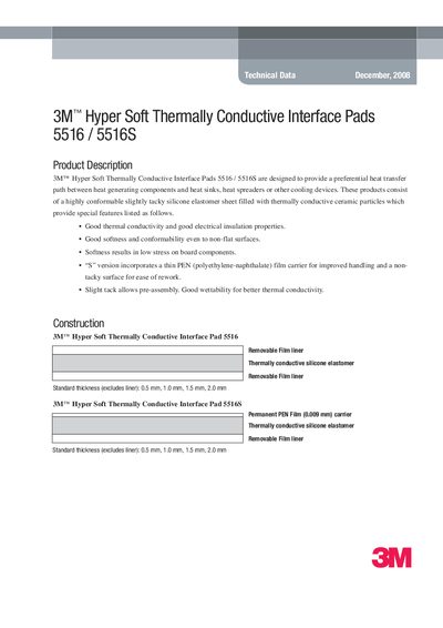 3M 5516/5516S Hyper Soft Thermally Conductive Interface Pads Technical Data - cover page