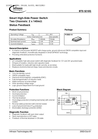Infineon BTS 5210G Smart High‑Side Power Switch Datasheet - cover page