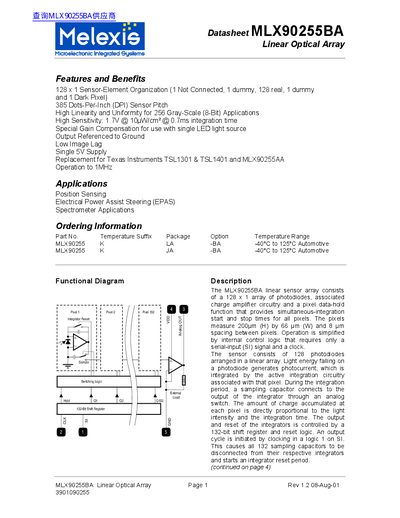 Melexis MLX90255BA Linear Optical Array Datasheet - cover page