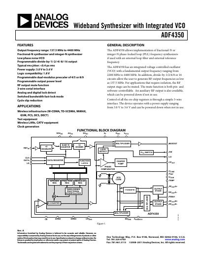 Analog Devices ADF4350 Wideband Synthesizer Datasheet - cover page