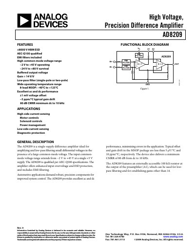 Analog Devices AD8209 Precision Difference Amplifier Datasheet - cover page