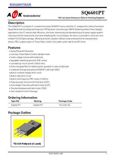 AUK SQ6601PT Off-Line Quasi-Resonance Flyback Switching Regulator Datasheet - cover page