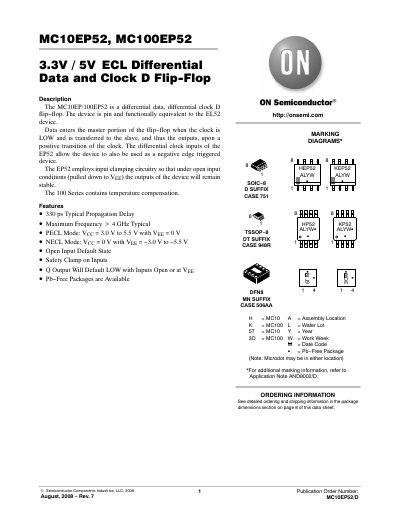 ON Semiconductor MC10EP52/DMC10EP52 MC100EP52 ECL Differential Data and Clock D Flip-Flop Datasheet - cover page