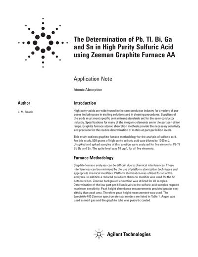 Agilent SpectrAA-400 Application Note for Determining Pb Tl Bi Ga Sn in Sulfuric Acid - cover page