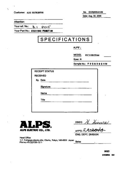 Alps EC11B15244 Data Sheet - cover page