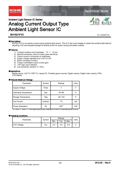 ROHM BH1621FVC Ambient Light Sensor Technical Note - cover page