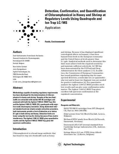 Chloramphenicol Detection in Honey and Shrimp Using Agilent 1100 LC/MSD Trap Application Note - cover page