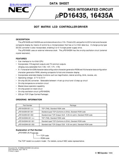 NEC uPD16435/16435A Dot Matrix LCD Controller Datasheet - cover page